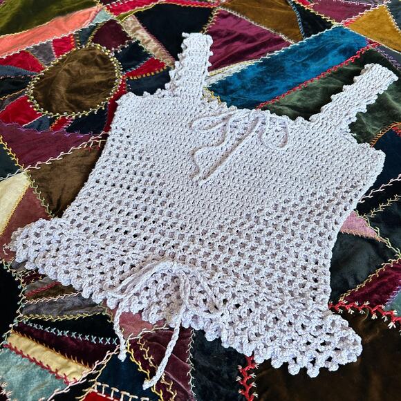 Vintage 60s Lilac Hand Knit Crochet Sweetheart Peplum Coquette Tank Top XS - Picture 1 of 5